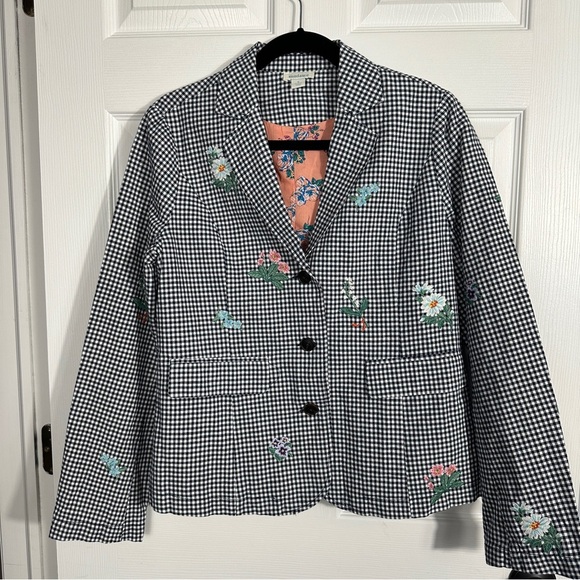 Sundance embroidered navy/white check "Tansy" blazer, - Picture 1 of 13